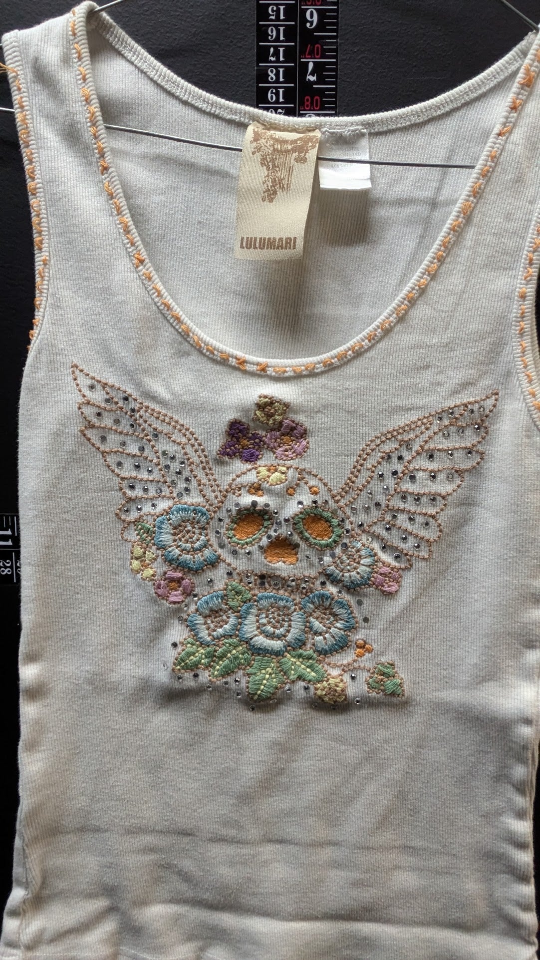 Vintage Lulumari White Ribbed Tank Top - Beaded & Embroidered Winged Skull Floral Graphic - Y2K Boho Rockstar