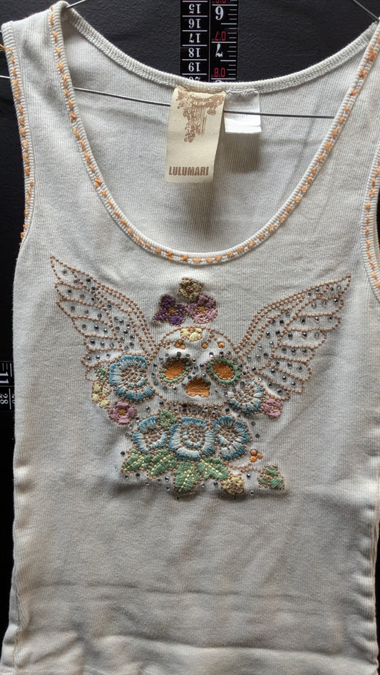 Vintage Lulumari White Ribbed Tank Top - Beaded & Embroidered Winged Skull Floral Graphic - Y2K Boho Rockstar