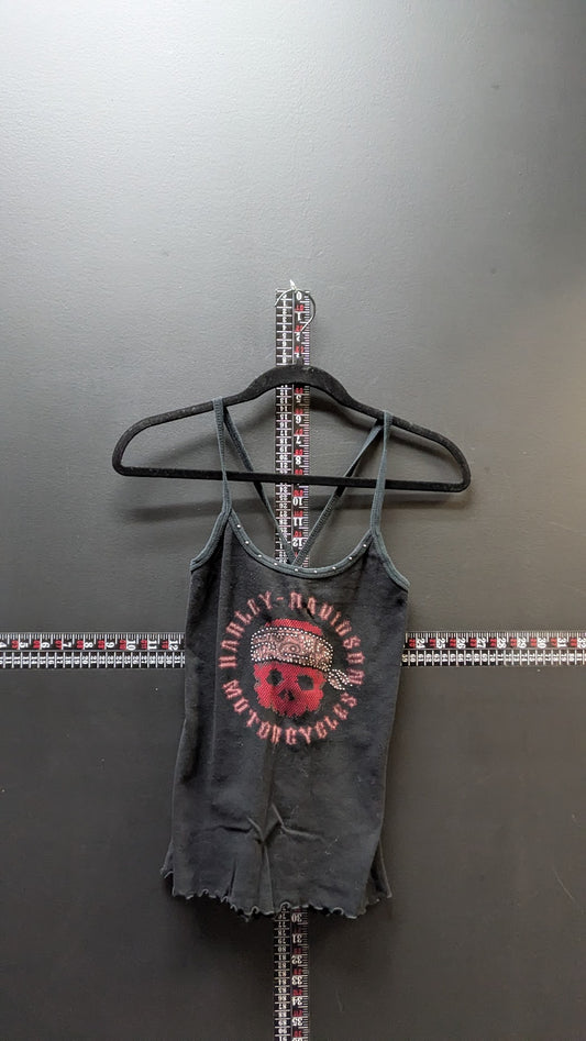 Harley-Davidson Rhinestone Skull Cami - Aces & Eights Mason OH - Criss Cross Back Lettuce Hem Tank - Small
