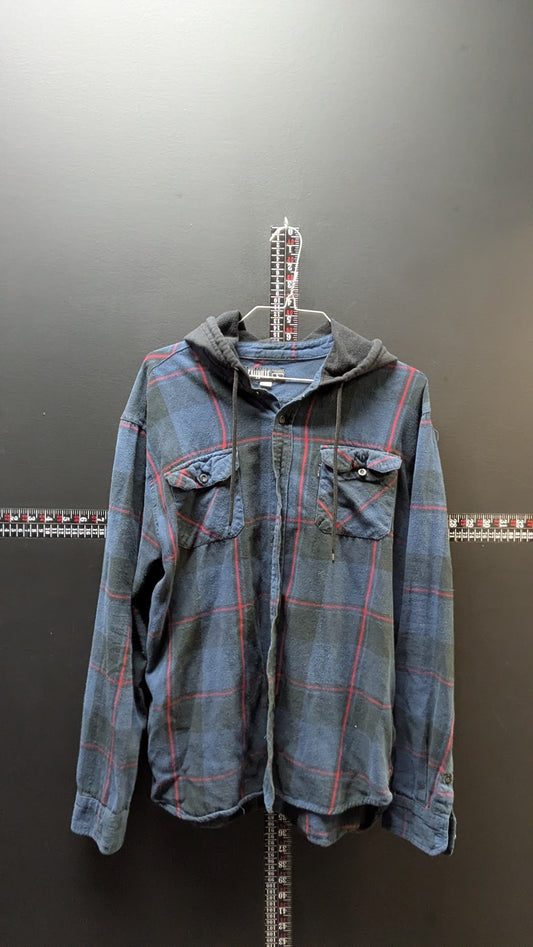 Caliville Hooded Flannel Shirt Jacket Men’s Large Blue Black Plaid Hooded Button Up