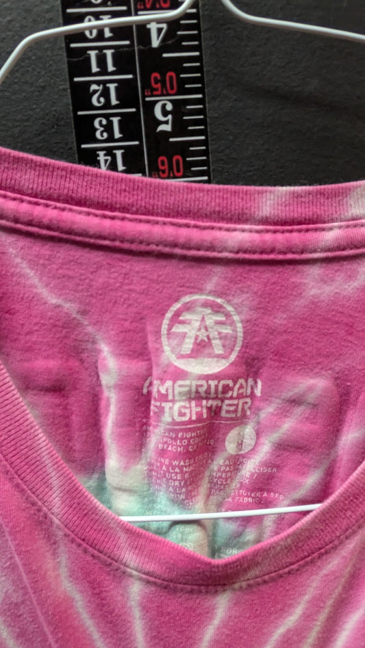 American Fighter Women’s Tie Dye Shirt Medium Pink Teal Graphic 3/4 Sleeve Top
