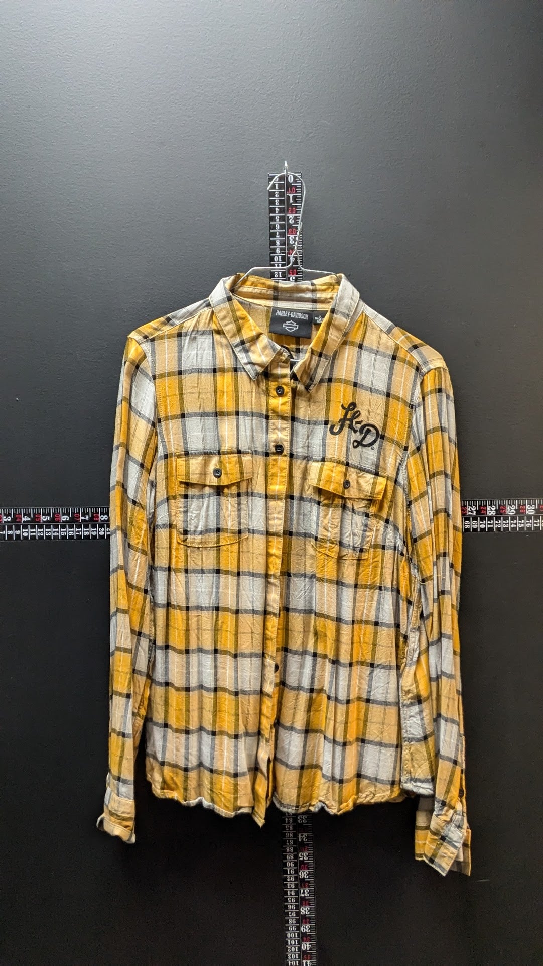 Harley-Davidson Women’s Plaid Button Up Shirt Yellow Gray Long Sleeve Size L