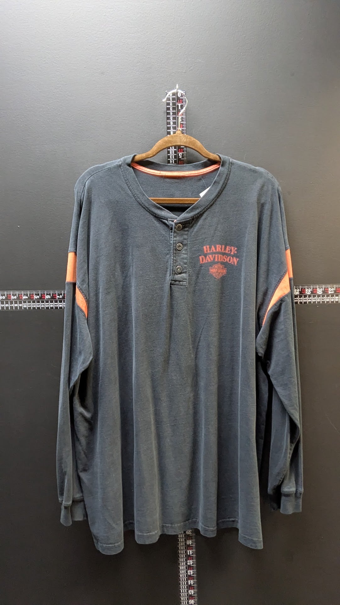 Harley-Davidson Long Sleeve Henley Shirt Mens Black Orange Cement City MI Tee