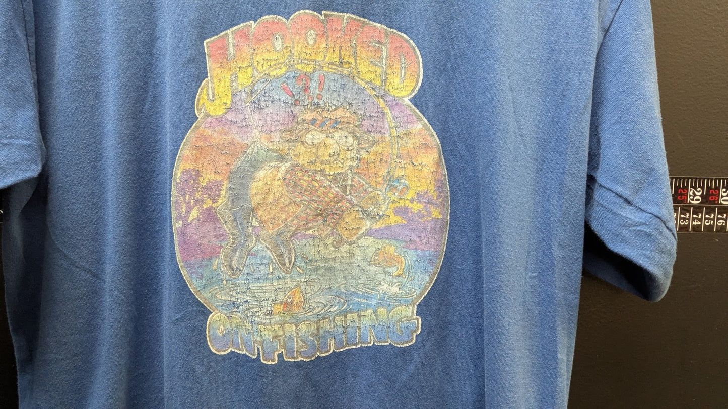 Vintage Hooked On Fishing T Shirt Large Blue Funny Graphic Tee Made USA