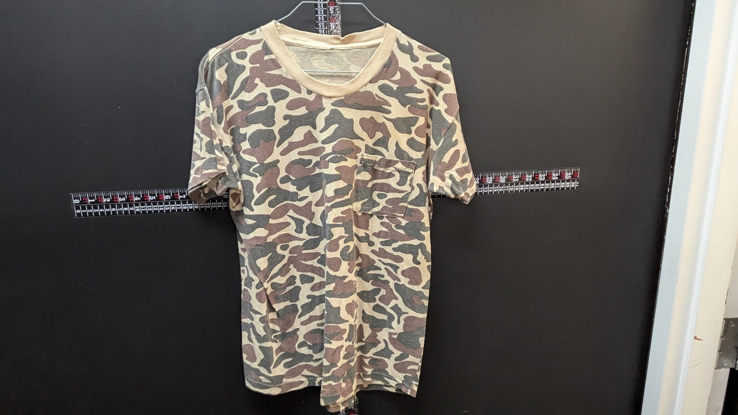 Vintage Camo Pocket T Shirt USA Made Military Hunting Blank Tee Brown Tan Small