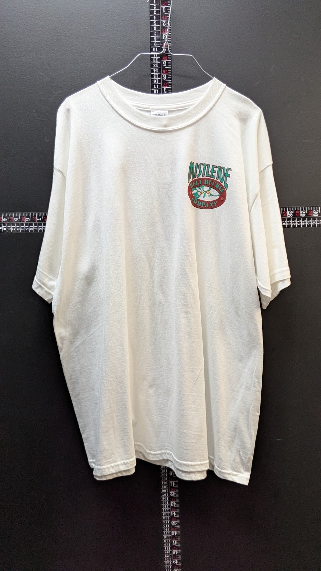 Vintage Mistletoe Belt Buckle Company T Shirt White Graphic Tee Mens XL USA