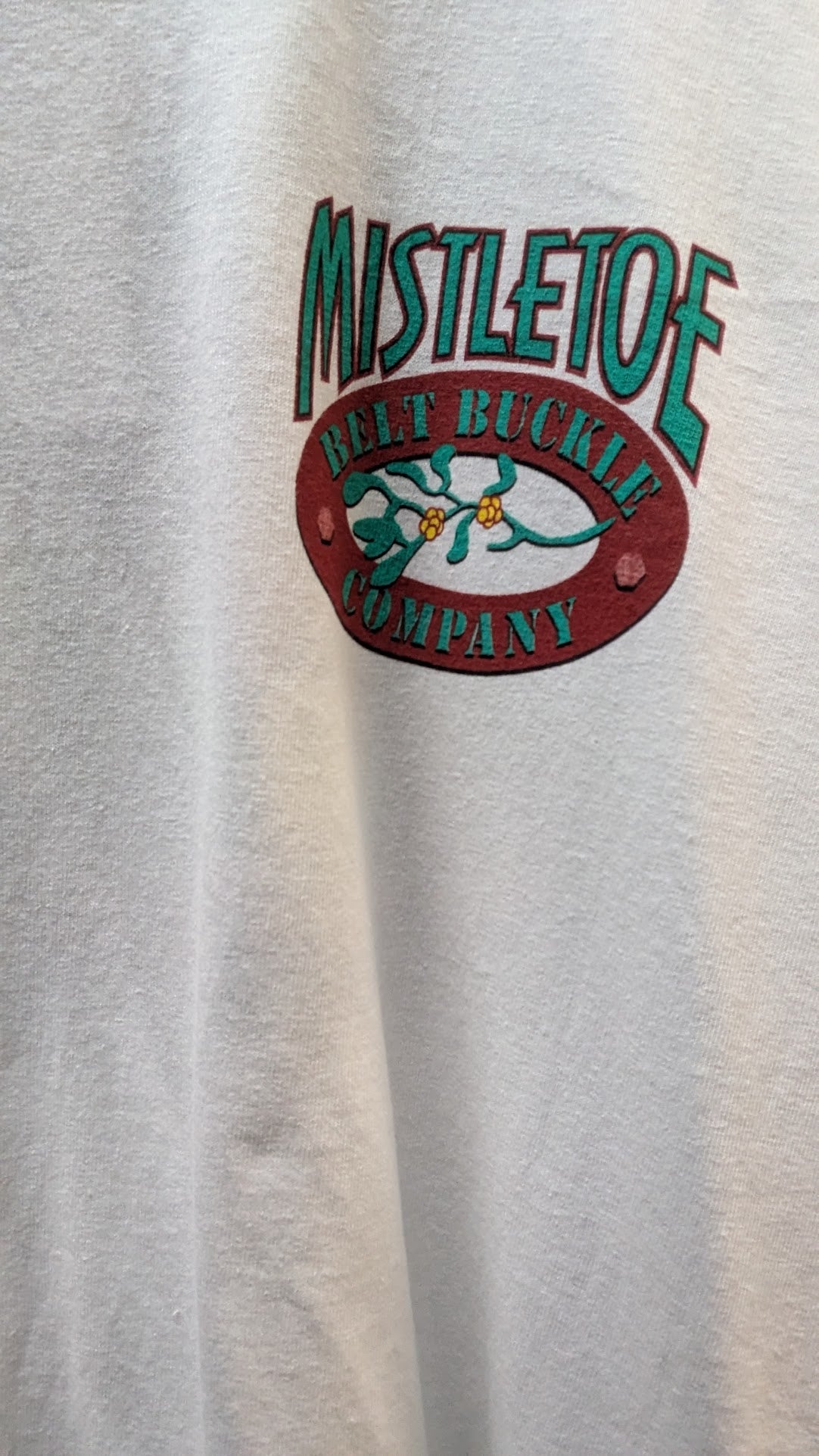 Vintage Mistletoe Belt Buckle Company Truck Stop Graphic T Shirt XL White USA