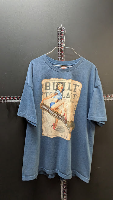Harley-Davidson Built To Last Pin Up Girl T-Shirt Mens XL Blue Graphic Tee  Price Recommendation:
