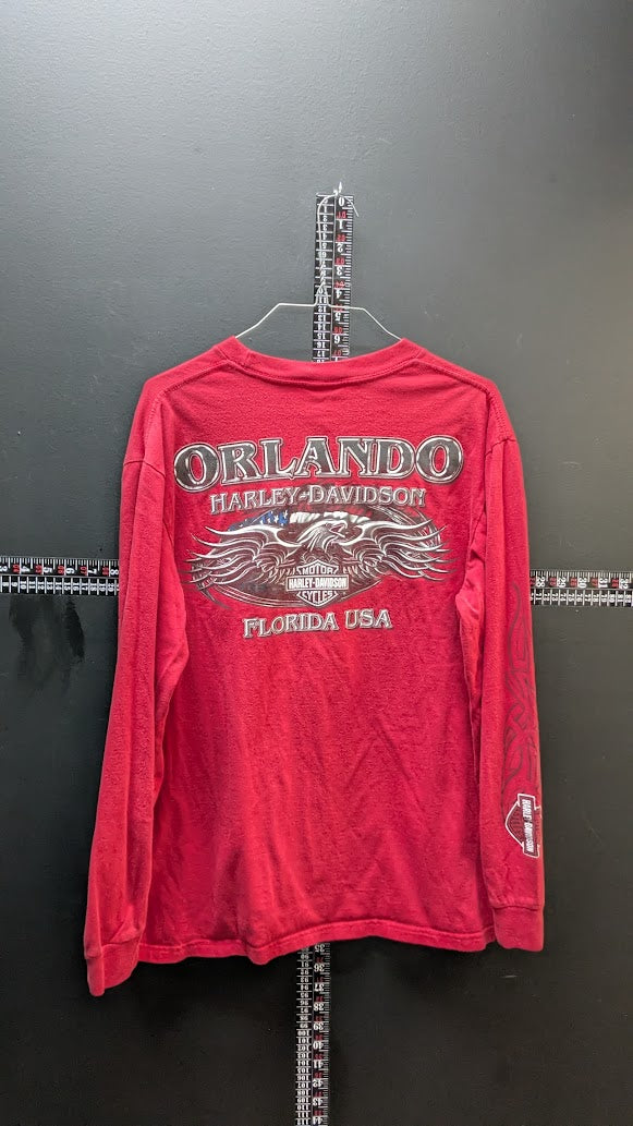 Harley Davidson Orlando Florida USA Red Long Sleeve Pocket T Shirt Mens Medium