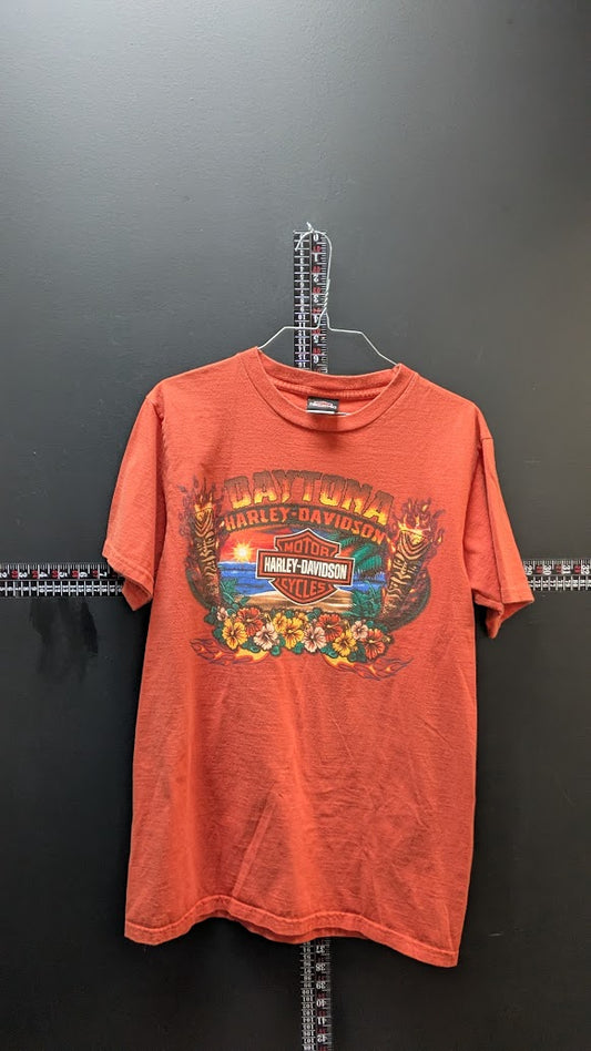 Harley Davidson Daytona Beach FL Tiki Sunset Graphic T Shirt Orange Size M USA