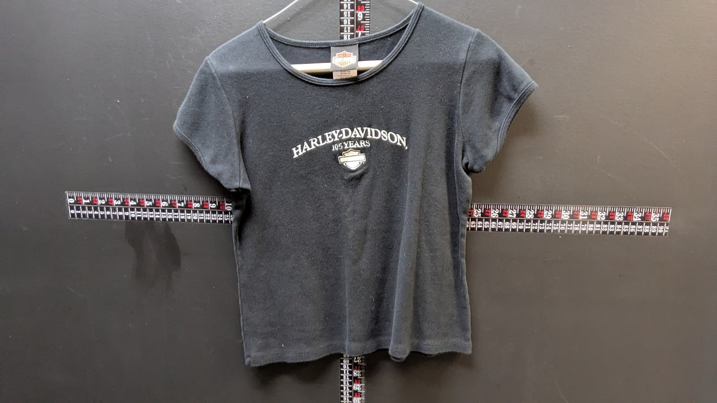 Vintage Harley-Davidson 105 Years Women’s Black Baby Tee West Baden Indiana Fitted Shirt Medium