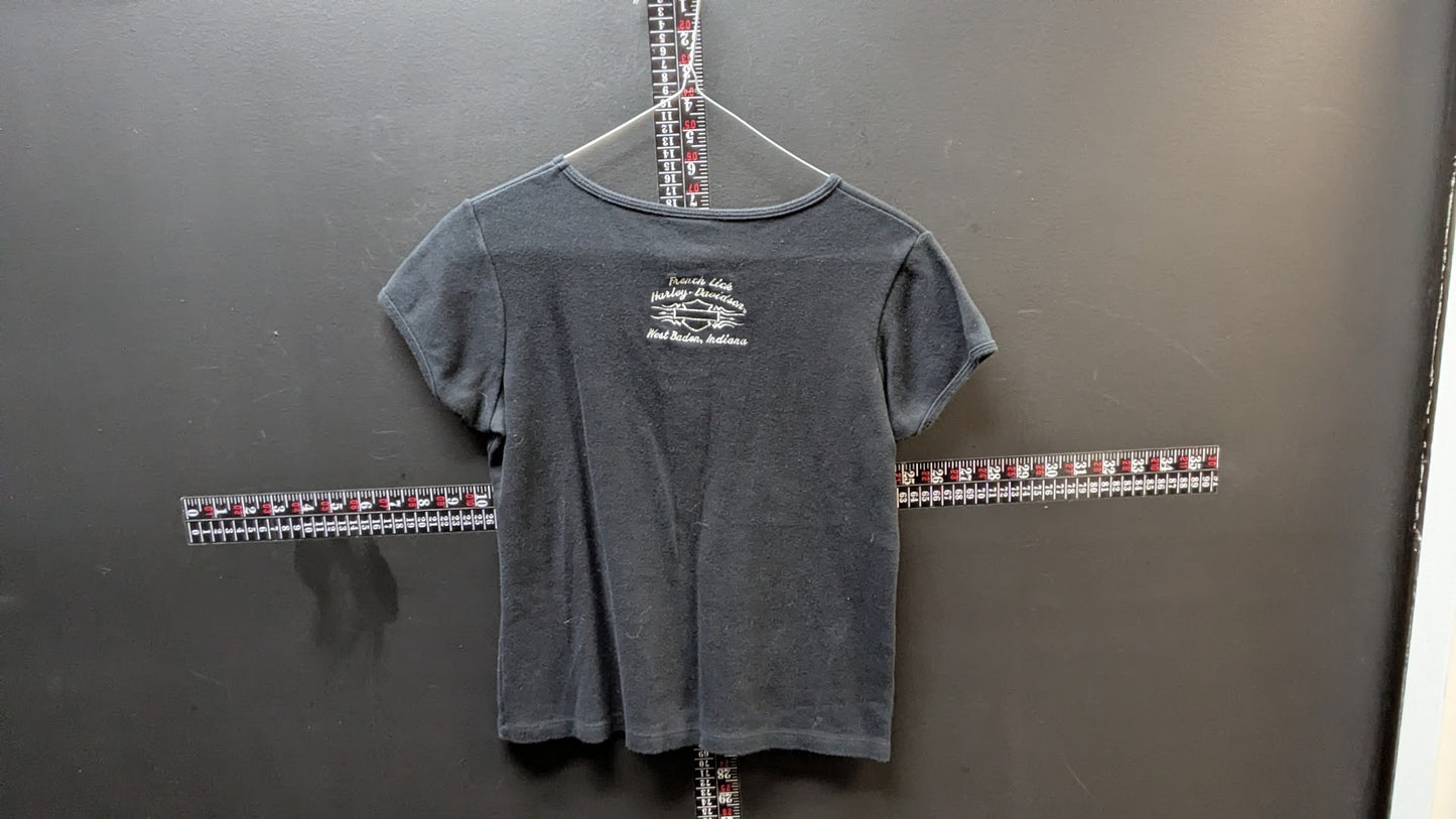 Vintage Harley-Davidson 105 Years Women’s Black Baby Tee West Baden Indiana Fitted Shirt Medium