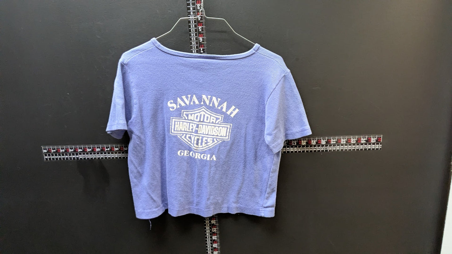Vintage Harley-Davidson Women’s Blue Ribbed V-Neck Tee Shirt Y2K Size Large