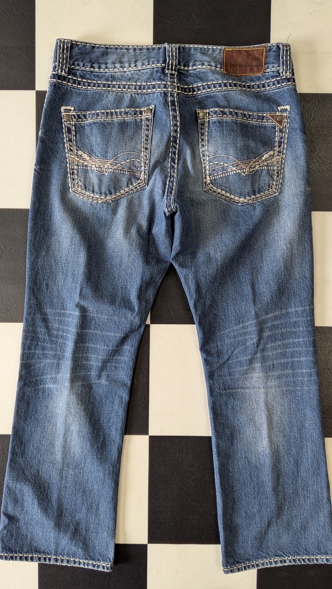 Rock Revival Boot Cut Jeans Men’s Blue Thick Stitch Denim Y2K Western Style