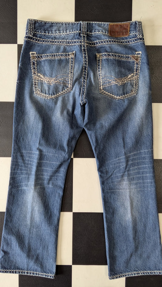 Rock Revival Boot Cut Jeans Men’s Blue Thick Stitch Denim Y2K Western Style
