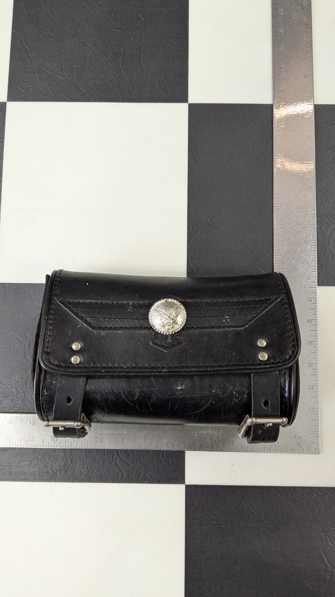 Vintage Motorcycle Tool Bag Black Leather Roll Bag Eagle Concho Universal