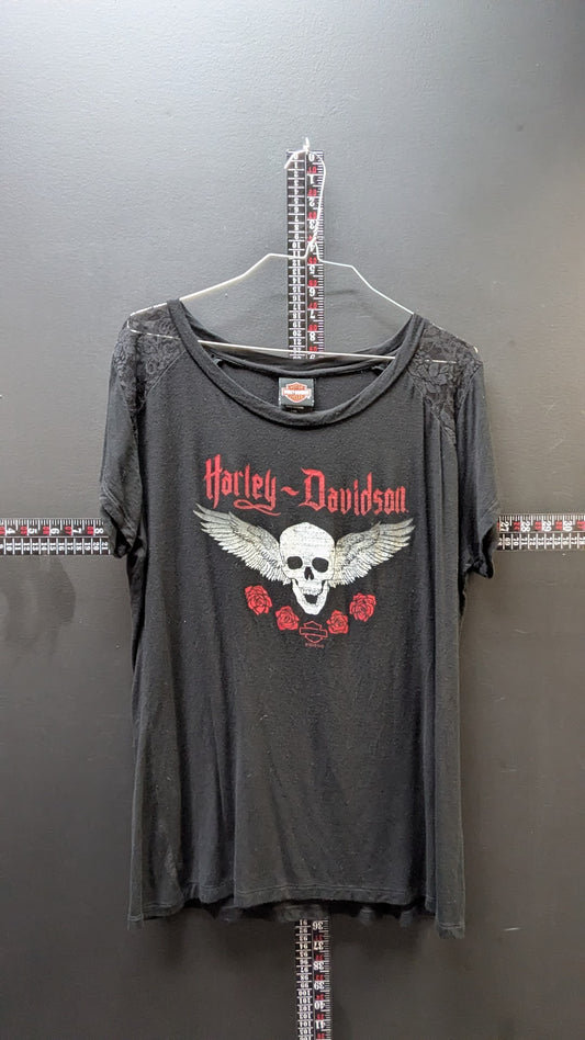 Harley-Davidson Womens XL Black Skull Rose Lace Shoulder T-Shirt Brighton MI