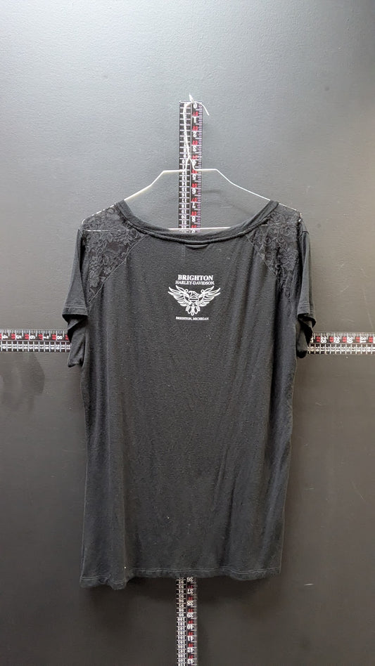 Harley-Davidson Womens XL Black Skull Rose Lace Shoulder T-Shirt Brighton MI