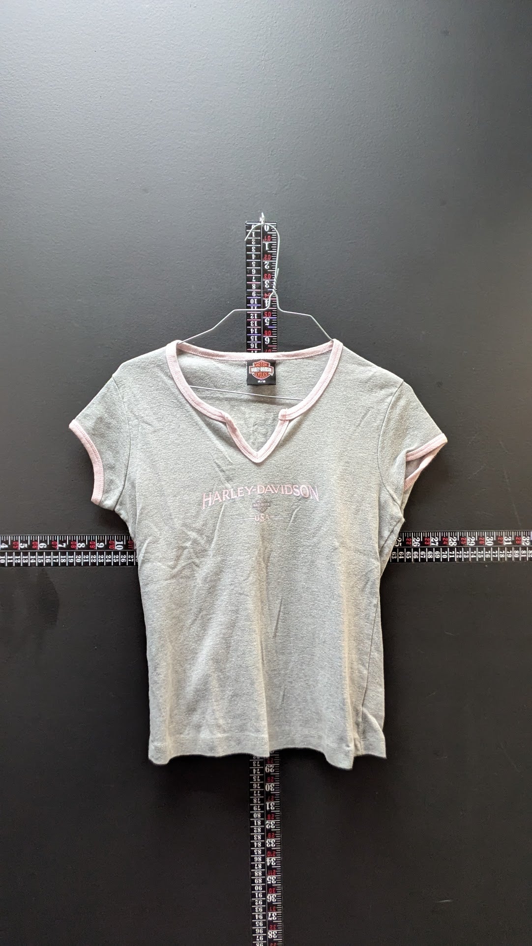Harley-Davidson Womens 14/16 Gray Pink Ringer Baby Tee Nags Head NC Y2K