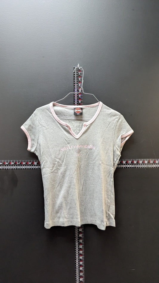 Harley-Davidson Womens 14/16 Gray Pink Ringer Baby Tee Nags Head NC Y2K