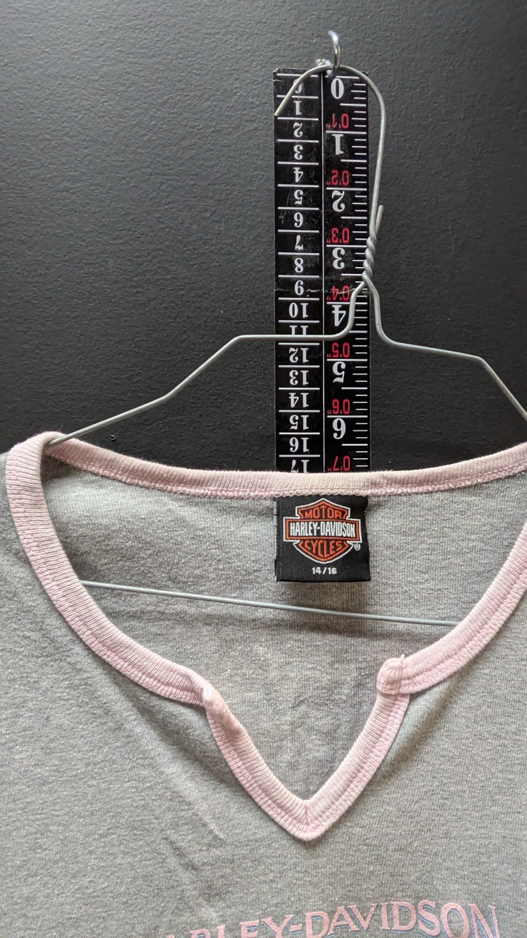 Harley-Davidson Womens 14/16 Gray Pink Ringer Baby Tee Nags Head NC Y2K