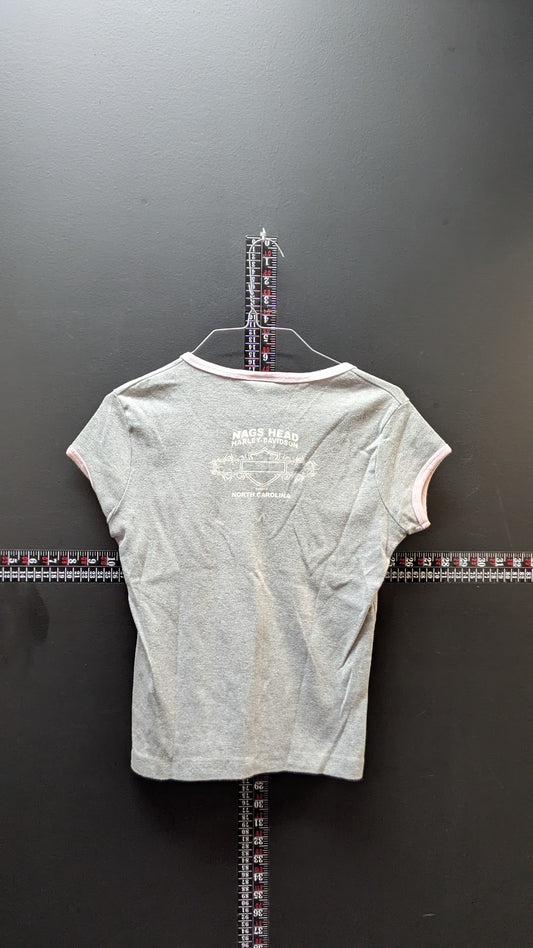 Harley-Davidson Womens 14/16 Gray Pink Ringer Baby Tee Nags Head NC Y2K
