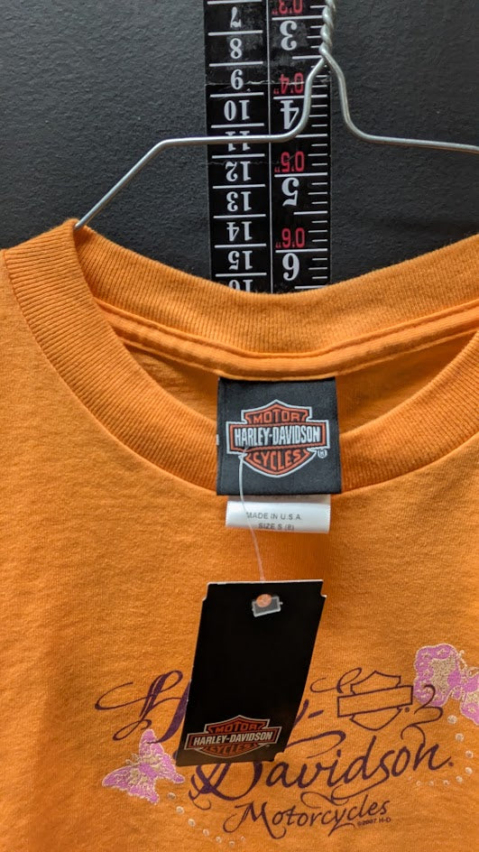 2007 Harley-Davidson Women’s T-Shirt Small Orange Glitter Graphic USA Made