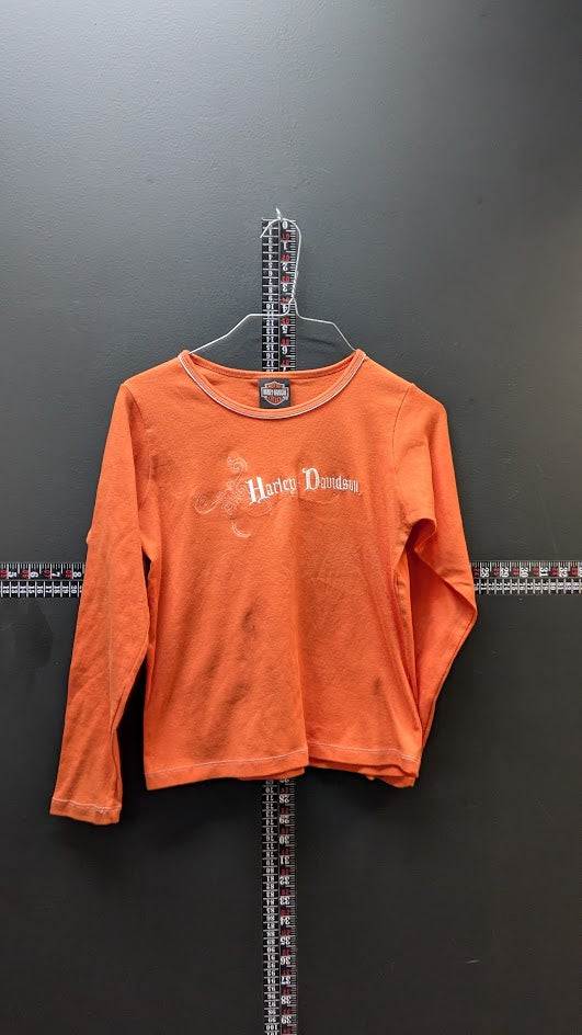 Harley-Davidson Women’s Long Sleeve Top Large Orange Embroidered Script Y2K