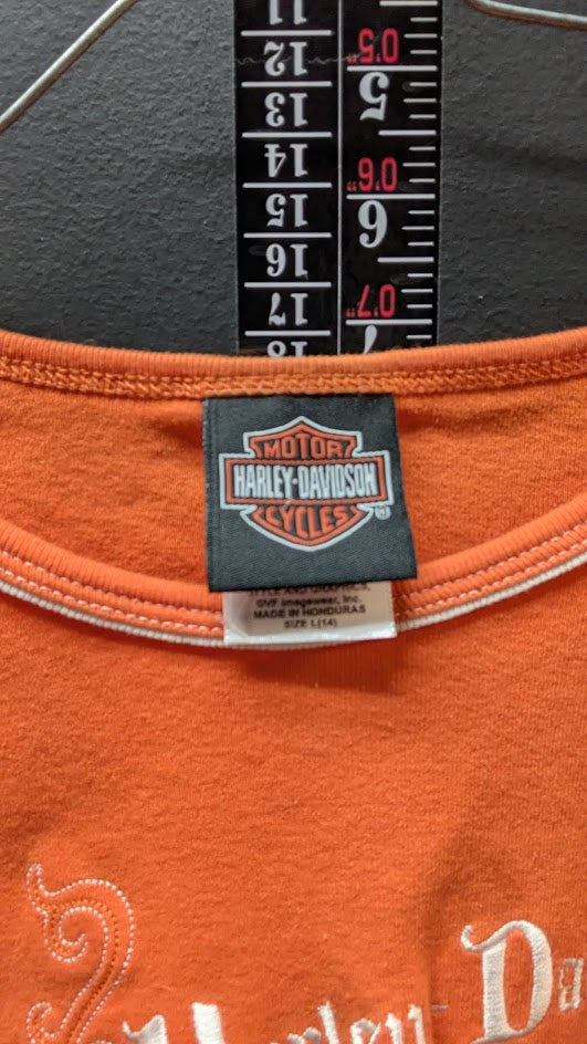Harley-Davidson Women’s Long Sleeve Top Large Orange Embroidered Script Y2K