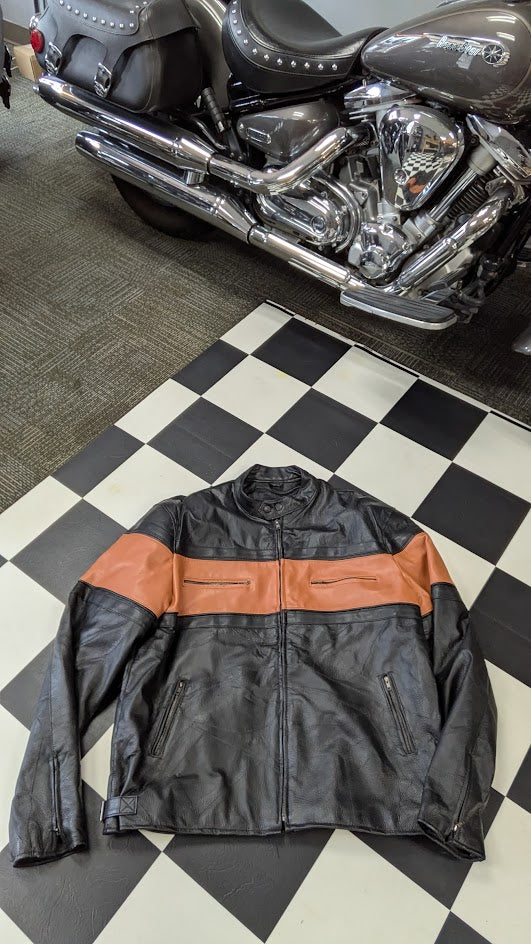 Diamond Plate Genuine Leather Motorcycle Jacket Men’s 3X Black Orange Stripe Zip-Out Liner