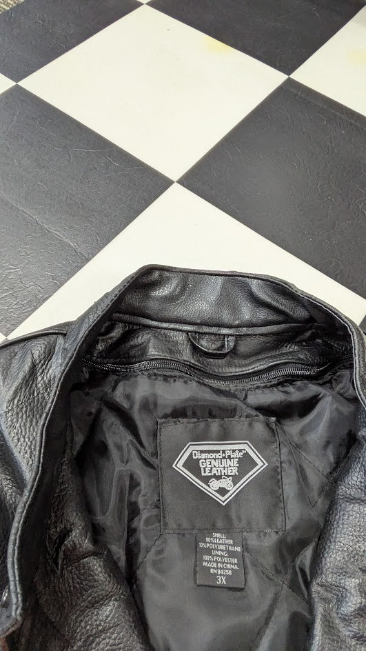 Diamond Plate Genuine Leather Motorcycle Jacket Men’s 3X Black Orange Stripe Zip-Out Liner
