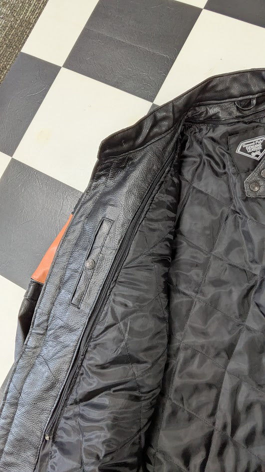 Diamond Plate Genuine Leather Motorcycle Jacket Men’s 3X Black Orange Stripe Zip-Out Liner