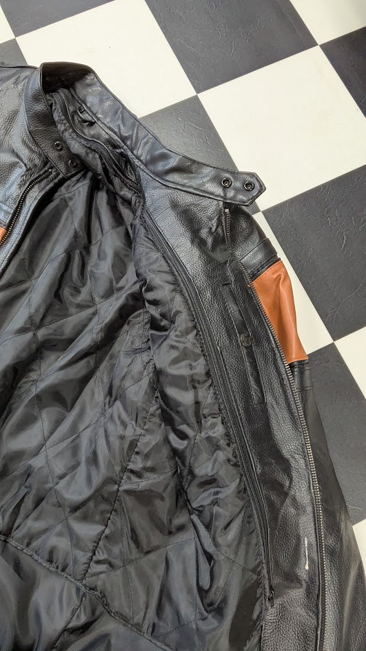 Diamond Plate Genuine Leather Motorcycle Jacket Men’s 3X Black Orange Stripe Zip-Out Liner