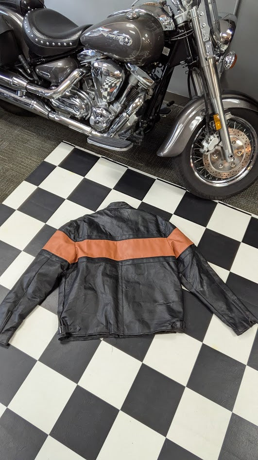 Diamond Plate Genuine Leather Motorcycle Jacket Men’s 3X Black Orange Stripe Zip-Out Liner