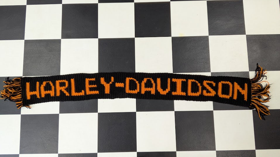 Vintage Harley Davidson Knit Scarf Black Orange Fringe Motorcycle Winter Scarf