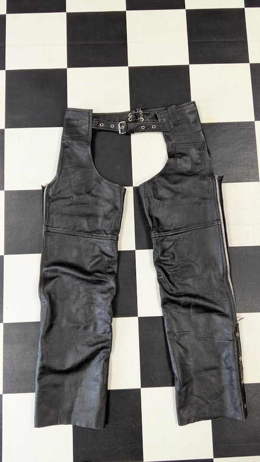 Black Leather Motorcycle Chaps Zip Snap Biker Riding Pants Adjustable Waist