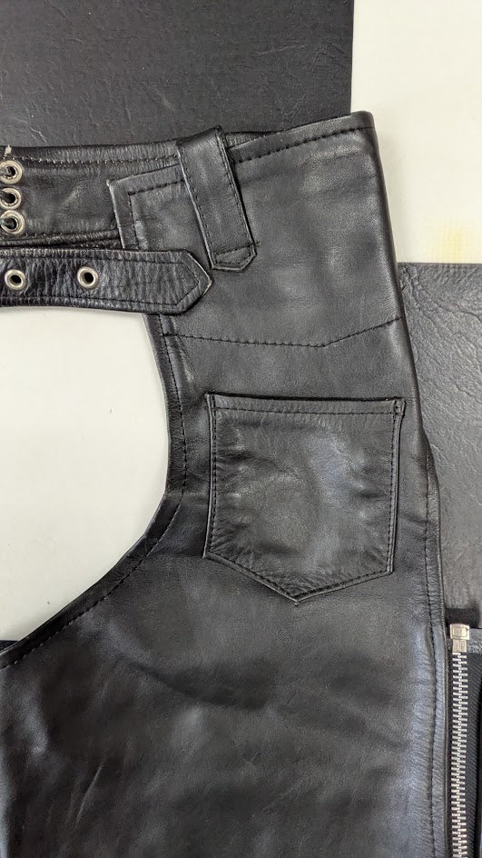 Black Leather Motorcycle Chaps Zip Snap Biker Riding Pants Adjustable Waist