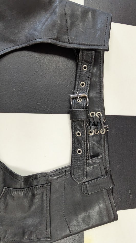 Black Leather Motorcycle Chaps Zip Snap Biker Riding Pants Adjustable Waist