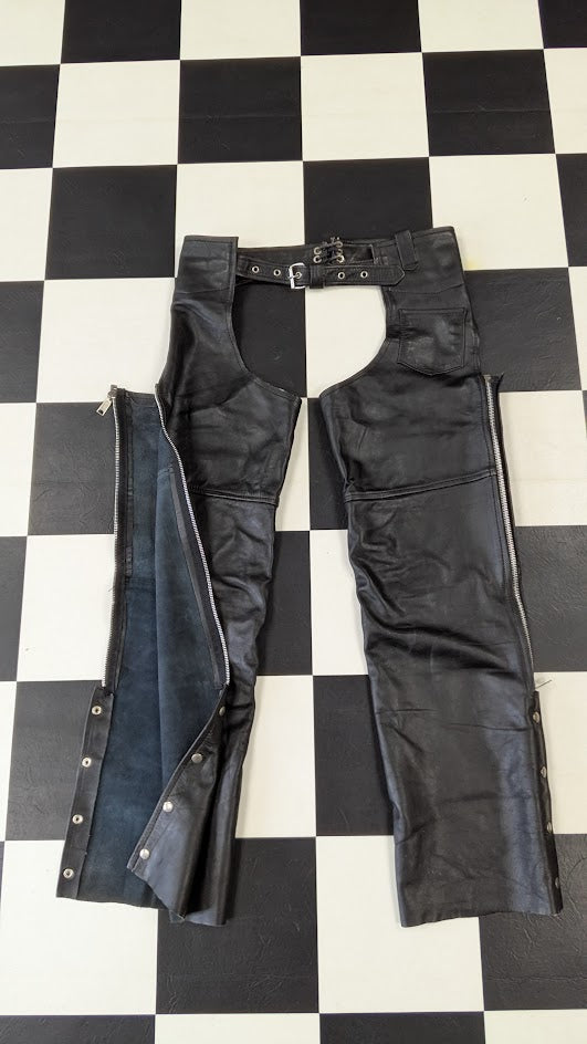 Black Leather Motorcycle Chaps Zip Snap Biker Riding Pants Adjustable Waist