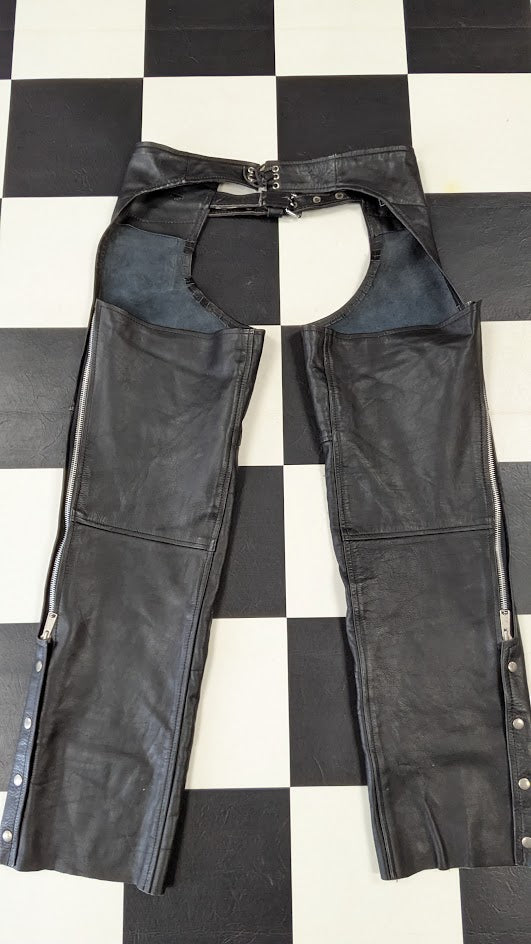 Black Leather Motorcycle Chaps Zip Snap Biker Riding Pants Adjustable Waist