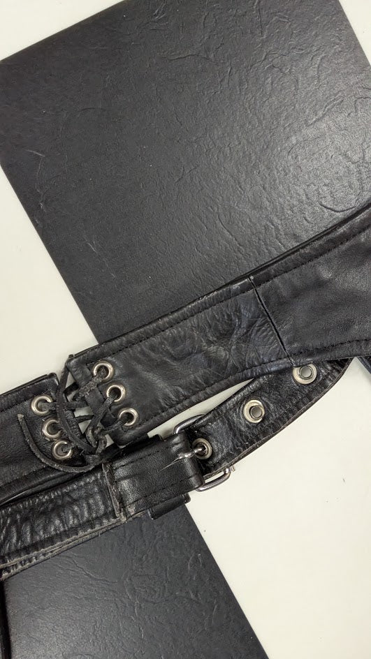 Black Leather Motorcycle Chaps Zip Snap Biker Riding Pants Adjustable Waist
