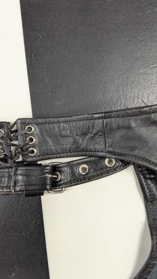 Black Leather Motorcycle Chaps Zip Snap Biker Riding Pants Adjustable Waist