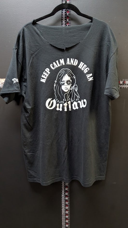 Keep Calm And Hug An Outlaw Biker T Shirt Black Distressed Cut Neck Oversize