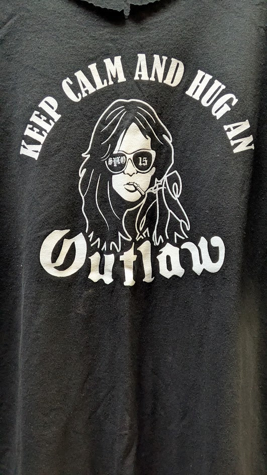 Keep Calm And Hug An Outlaw Biker T Shirt Black Distressed Cut Neck Oversize