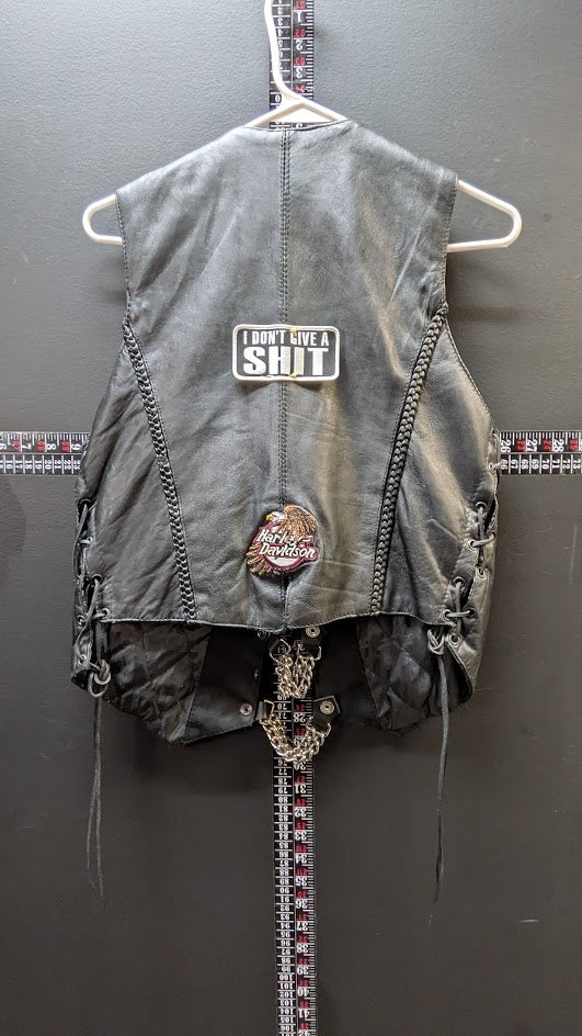 Leather Motorcycle Vest Womens Medium Black Braided Chain Side Lace Biker Vest