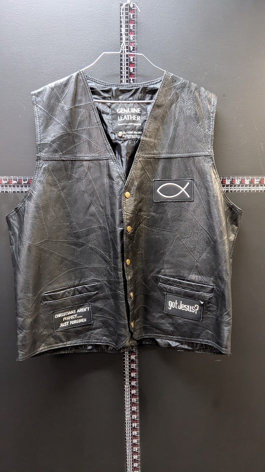 Christian Motorcycle Leather Vest Jesus Forever Black Biker Vest Snap Front Large