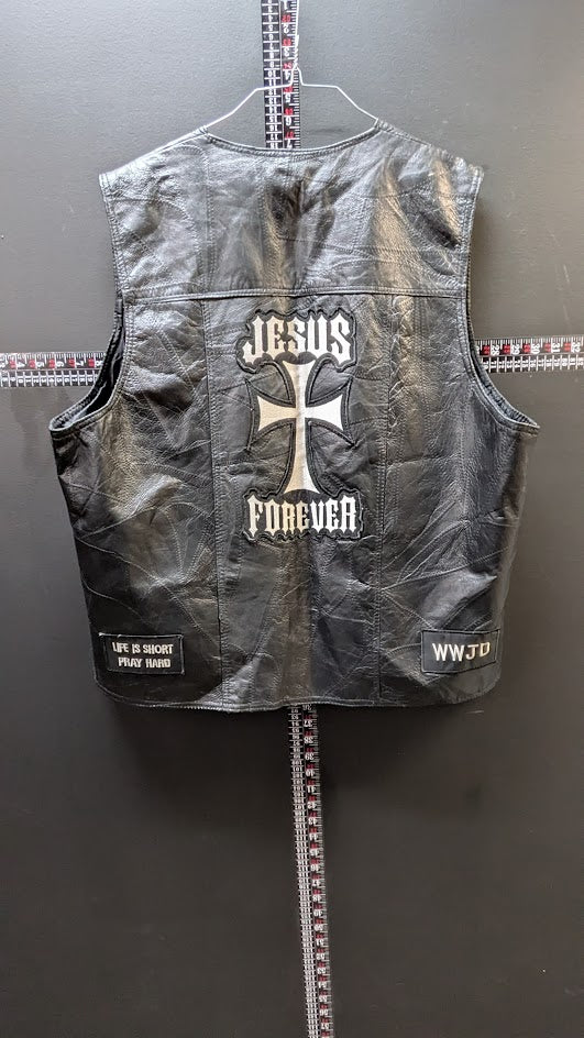 Christian Motorcycle Leather Vest Jesus Forever Black Biker Vest Snap Front Large