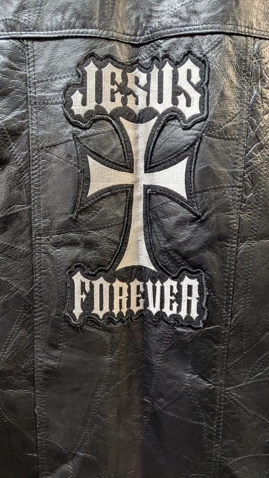 Christian Motorcycle Leather Vest Jesus Forever Black Biker Vest Snap Front Large