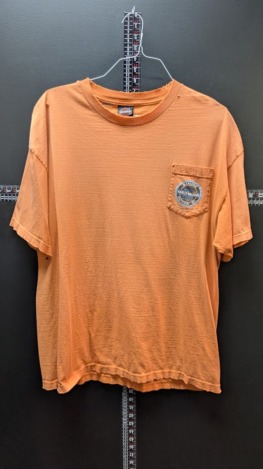 Harley Davidson Pocket T Shirt Distressed Orange Cut Off Sleeveless Biker Tee