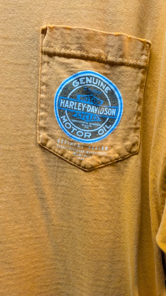Harley Davidson Pocket T Shirt Distressed Orange Cut Off Sleeveless Biker Tee